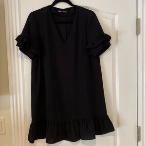Zara woman black straight mini dress with ruffle detail Sz M